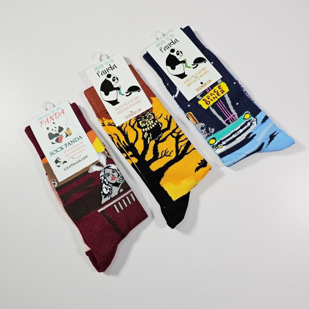 Lot of 3 Sock Panda Crew Socks with Fun Novelty Prints - Alien Diner, Owl, Bunny